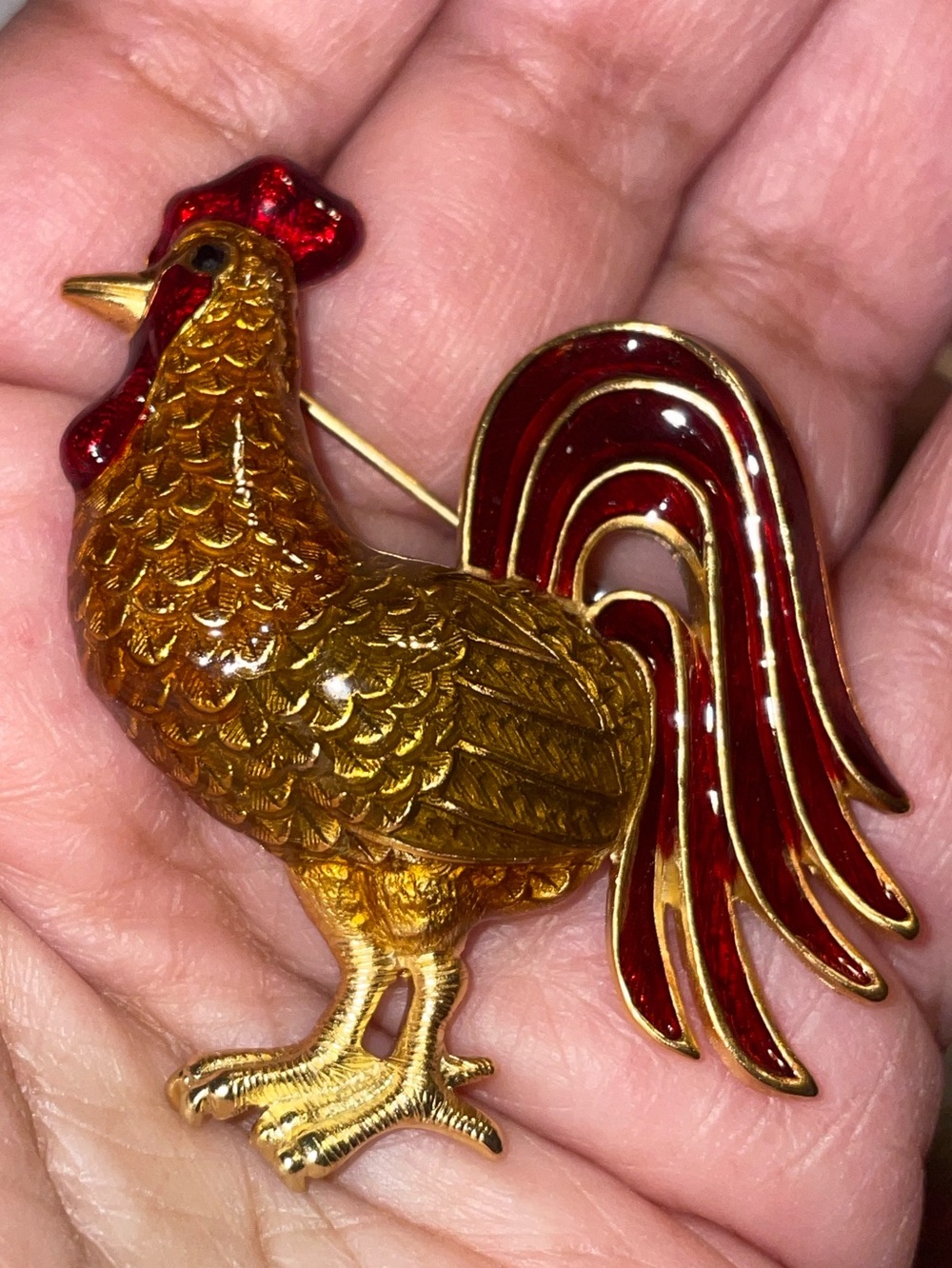 Gold and Red Rooster Brooch - Enamel Metal Pin